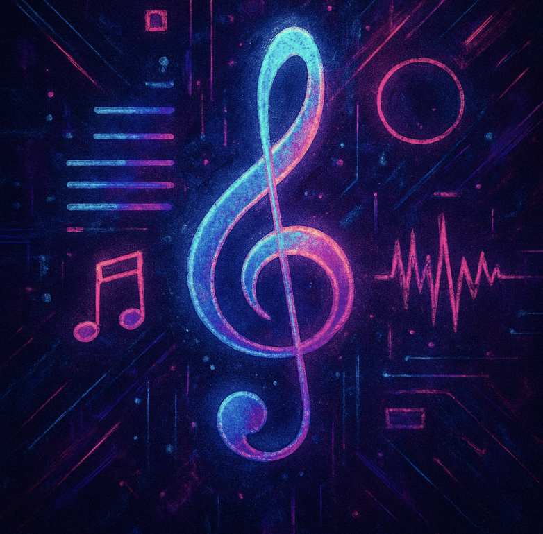 AI music generator interface with creative sound wave graphics.